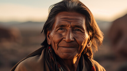 Portrait of native american man at sunset by generative AI - obrazy, fototapety, plakaty