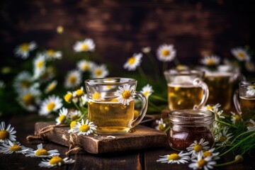 cozy cup of chamomile tea with honey on a rustic wooden table. Generative AI