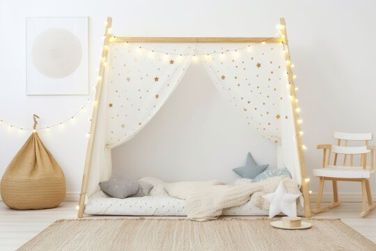 cozy and dreamy child's bedroom with a white canopy bed adorned with stars. Generative AI
