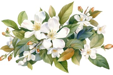 Obraz na płótnie Canvas white flowers and green leaves in a botanical painting. Generative AI