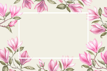 Pink watercolor frame. blossom elegant magnolia.