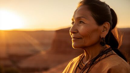 Portrait of native american woman looking into the sunset by generative AI  - obrazy, fototapety, plakaty