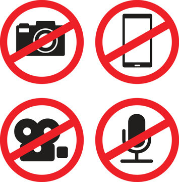Stop Photographing, Video and Audio Recording Warning Sign Collection. Warning for broadcasting interdiction and restrictions in copyright protected are 
