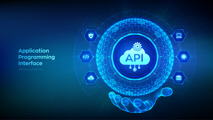 API. Application Programming Interface in the shape of sphere with hexagon grid pattern in wireframe hand. Software development tool, cloud computing technology concept. Vector illustration.