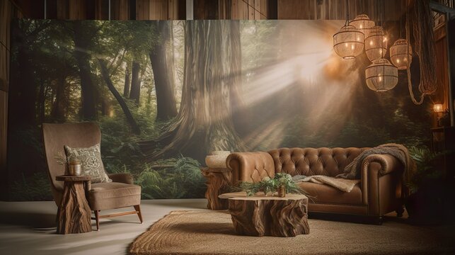 Mockup illustration of boho interior design livingroom with wall art. generative ai