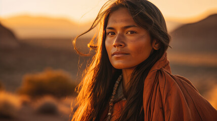 Portrait of native american woman at sunset by generative AI - obrazy, fototapety, plakaty