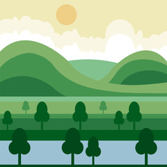 green cartoon meadow sun. Hills horizon. Vector illustration.