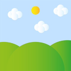 Obraz premium green cartoon meadow sun. Hills horizon. Vector illustration.