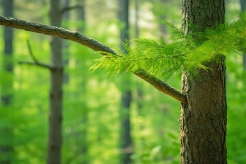 Obraz premium solitary tree branch amidst dense foliage in the heart of a forest. Generative AI