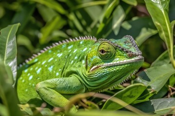 Fototapeta premium close-up of a vibrant green lizard perched on a tree branch. Generative AI