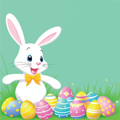 Easter Bunny and colorful Easter eggs. Greeting card for Easter. Texture for Easter holiday.