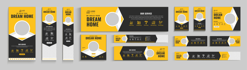 construction web banner bundle, construction site banner, home repair web banner template editable, home maintenance social media banner. excavator banner template bundle