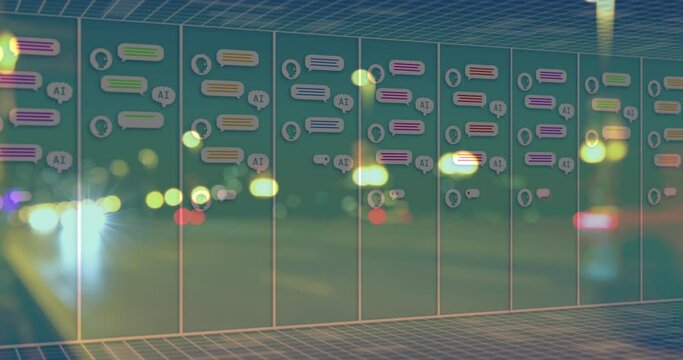 Animation of online ai chat processing on screen over road traffic