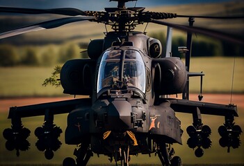 Fototapeta close-up of a British army AH-64E Boeing Apache Attack helicopter (ZM722 ArmyAir606) in flight on a military exercise, Wilts UK. Generative AI obraz