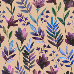 Watercolor seamless pattern with cute dark purple flowers and blue leaves. Freehand expressive painting. Romantic print for invitation and fabric.