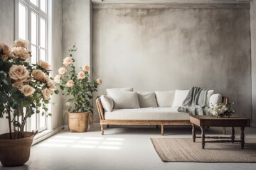 Living Room Vacant, Minimal Rustic, White Wall and Sofa. Generative AI