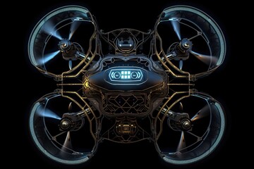 Realistic quadrocopter drone with propeller fans, front view, smmetrical, glowing backlit details on black background, AI generative