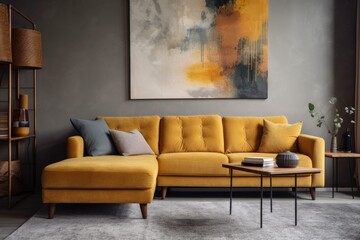 A painting on the wall and a brown corner sofa with cushions define this stylish living room's décor. Generative AI