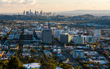 Downtown Glendale, California at Sunset with Downtown Los Angeles in the background