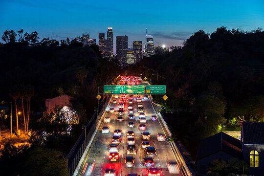 Rush Hour on the 110 Freeway in Downtown Los Angeles at Blue Hour