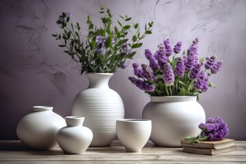 Purple flowers and white vases are arranged on a wooden table. Generative AI