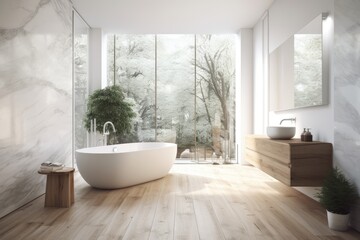 Fototapeta na wymiar Bathroom interior with white walls, a loft window, a wooden floor, and an angular tub made of marble. a mockup. Generative AI