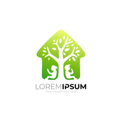 Child is reading under the tree, Tree logo and house design combination,