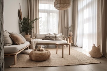 Close up of gray beige wooden living room. Rattan carpet, coffee tables, drapes, and fabric couch. Japandi farmhouse decor,. Generative AI