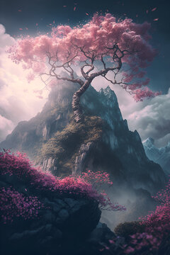 Cherry Blossom Tree on a Mountain of Hope Wallpaper 9:16