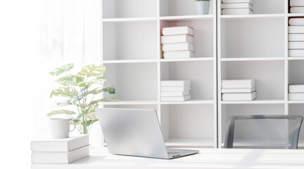 White creative workspace with open laptop computer on the table. Mock up workspace with laptop computer and book shelf.