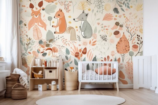 illustrative wallpaper mockup in a kids' room. Generative AI