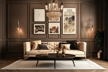 opulent living room with beige sofa and dark wood paneling. 2 mockup posters. Generative AI