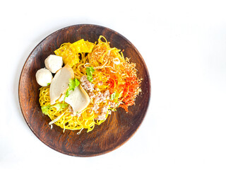 Yellow dried noodles Thai food style on white background