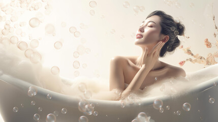 Obraz na płótnie Canvas 泡のあるお風呂に入る女性（Generative AI） 