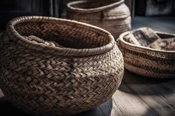 Obraz premium The floor has a straw wicker basket. A gorgeous handcrafted eco design bamboo basket. Furnishings. Bin. Generative AI