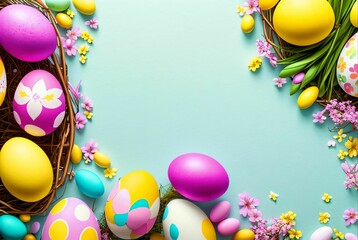 Colored easter eggs on a solid color background with flowers