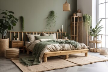 Beautiful bedroom with bamboo bed, trendy bedclothes, nightstand, and fashionable accessories. Eucalyptus. Template. Copies. Generative AI