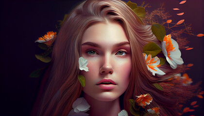 Obraz na płótnie Canvas 花を背景に美容・スキンケア・香水のイメージの美しい白人女性（Generative AI） 