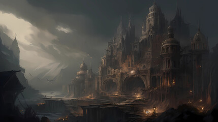 Naklejka premium castle city of darkness and shadows, digital art illustration, Generative AI