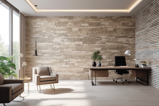 Photo realistic generic empty interior design with a light brown stone brick wall is appropriate for use as a virtual backdrop and in video conferences. Generative AI