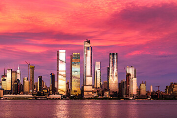 Hudson Yards from New Jersey Amazing and Colorful Pink Sky Sunset, 2022