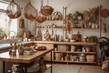 Obraz na płótnie Canvas Boho kitchen design. Wooden shelves, dishes, cutlery, decorations. Cozy interior. Generative AI