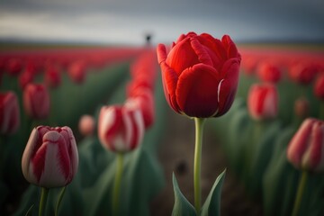 Fototapeta premium Close up red and white tulips in the garden field, generative AI