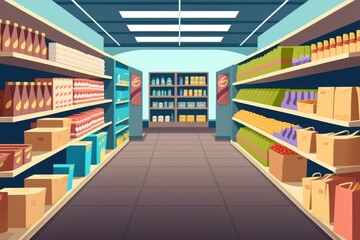 Aisle in grocery store and shelves with display shelf full of products to buy, cartoon style, AI generated