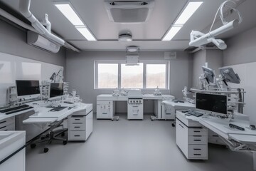 Operating room in a modern clinic with computer equipment, high-tech, sterile, futuristic, medical, generative AI