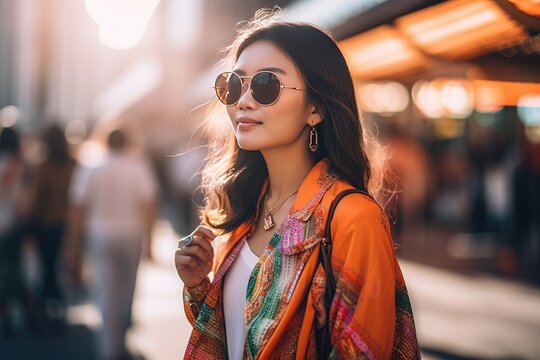 Happy Luxury Asian Woman Travel Shopping In Urban City, Vibrant, Fashion, Contemporary, Lifestyle, Generative AI