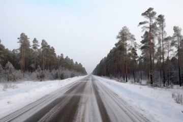 Fototapeta na wymiar winter forest scenery with a snow-covered road. Generative AI