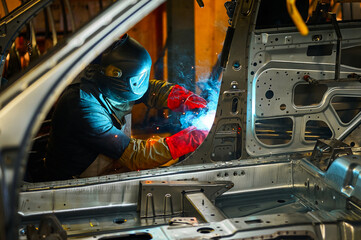 Worker in mask welds metal parts of auto carcass in shop