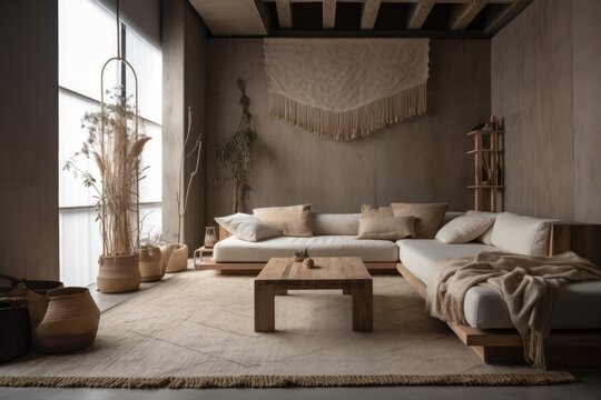 White and beige wabi sabi living room with plaster walls and bleached wood. Macrame wall art and minimalist fabric couch. Japanese interiors. Generative AI