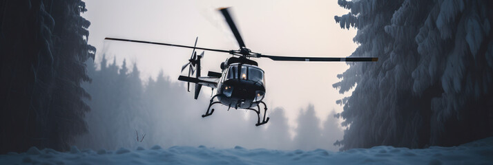 A black helicopter in winter mountains, in a covert, undercover mission. undercover activity concept. Generative AI based.
 - obrazy, fototapety, plakaty